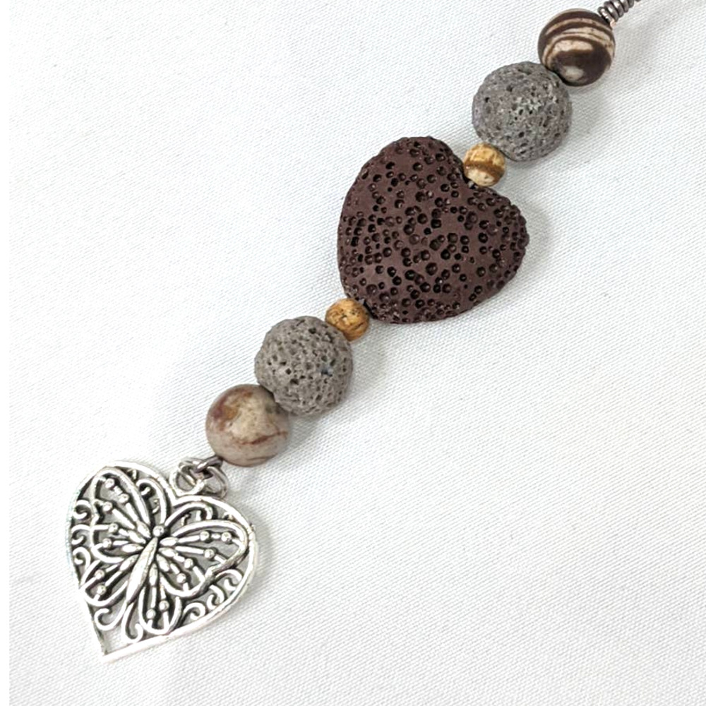 Hand Crafted Brown and Silver Heart Lava Stone Keychain - Picture 4 of 6